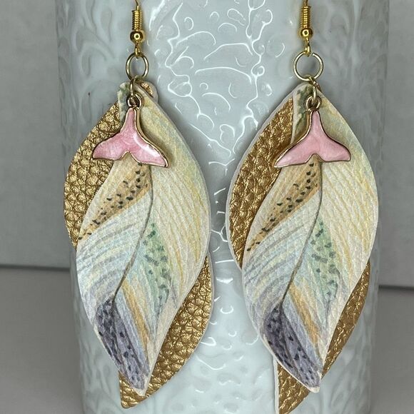 BOGO - FAUX LEATHER DANGLE EARRINGS WITH MERMAID TAIL EMBELLISHMENTS - Picture 1 of 3